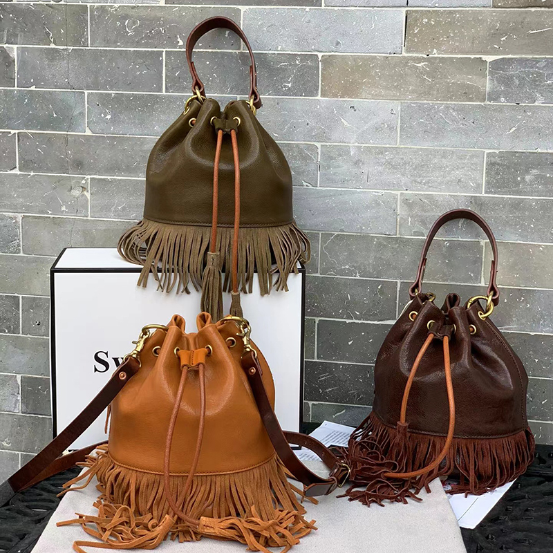 Tassels Leather Crossbody Bag Womens Drawstring Bag LH3541_3 Colors
